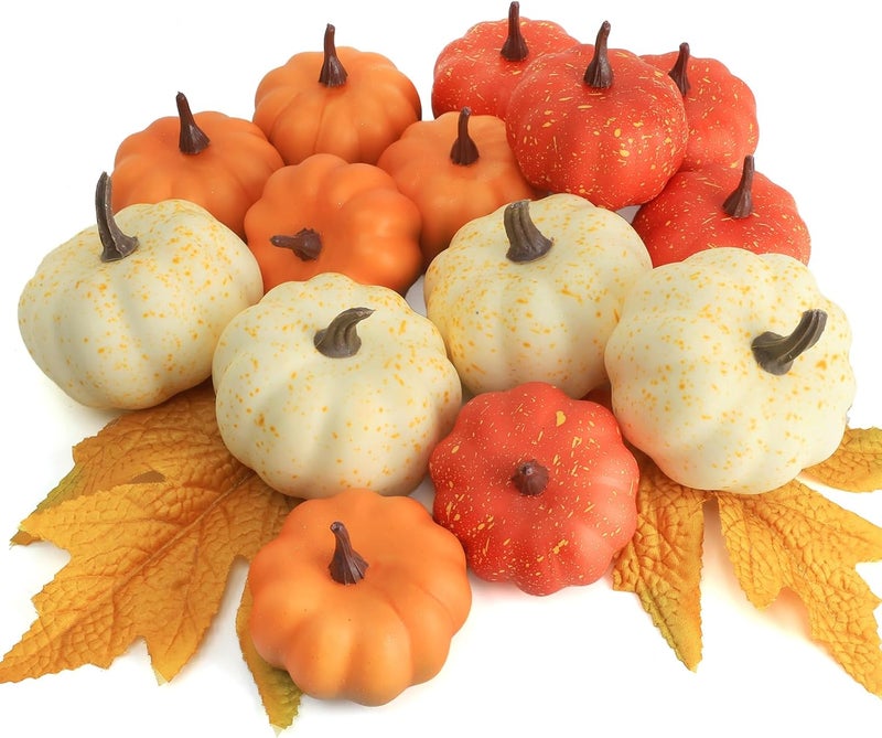 CHEAWRTZ 16PCS Realistic Mini Pumpkin Decor,Fall Decor with Pumpkins Maple Leaves, Artificial Pumpkin Decor for Autumn Filler, Realistic Pumpkin Decorations for Halloween Thanksgiving Fall Home Decor - Image 1