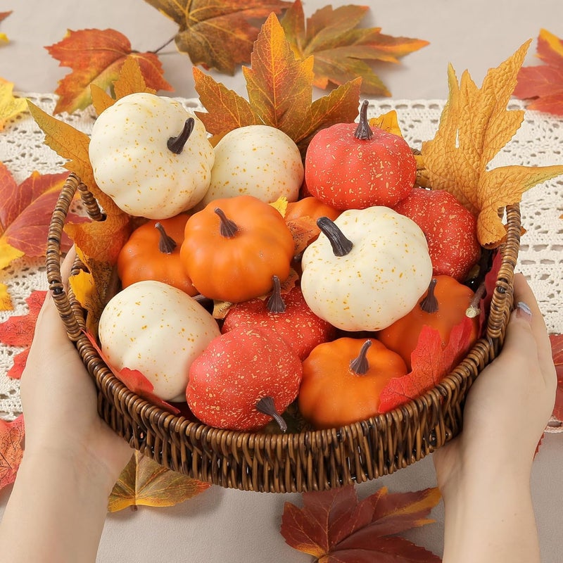 CHEAWRTZ 16PCS Realistic Mini Pumpkin Decor,Fall Decor with Pumpkins Maple Leaves, Artificial Pumpkin Decor for Autumn Filler, Realistic Pumpkin Decorations for Halloween Thanksgiving Fall Home Decor - Image 4