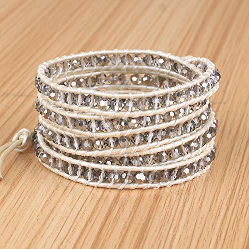 KELITCH New Gray Crystal Beaded 5 Wrap Bracelet On Leather Friendship Bracelets Jewelry for Womens - Image 5