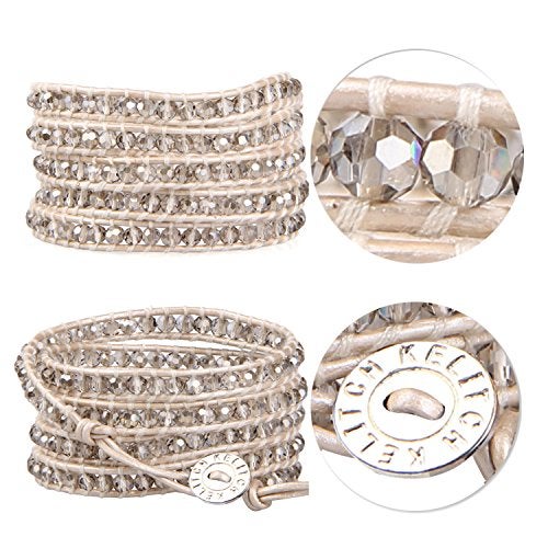 KELITCH New Gray Crystal Beaded 5 Wrap Bracelet On Leather Friendship Bracelets Jewelry for Womens - Image 3