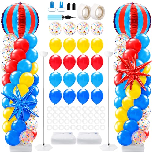 LaRandom 2 Sets Carnival Balloon Column Stand Kit Circus Theme Birthday Party Supplies Including Red Blue Yellow Balloon Garland Arch Kit for Birthday Carnival Theme Decorations - Image 1