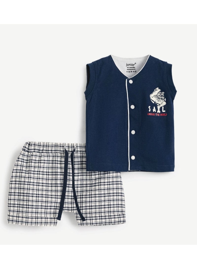 Junior Baby Boys 2-Piece Set, Navy Sleeveless Snap Vest with Sail Print and Checked Shorts,