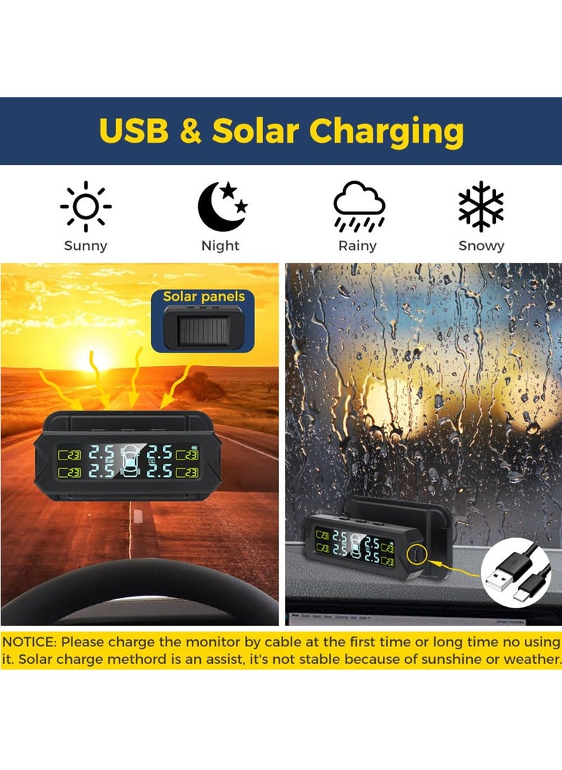 Wireless Solar TPMS with 4 External Sensors, Real time Tire Pressure and Temperature Monitoring System, 0 to 81 PSI
