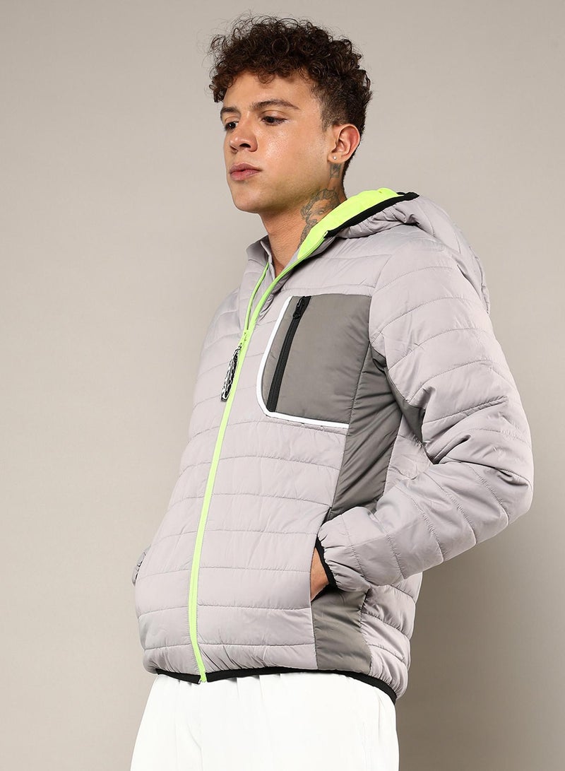Campus Sutra Men's Light Grey Puffer Jacket With Contrast Zipper - Image 3