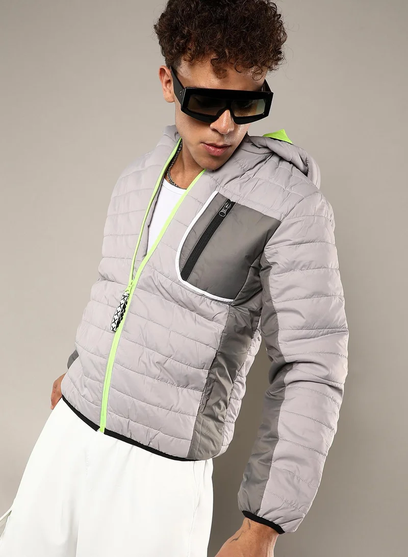 Campus Sutra Men's Light Grey Puffer Jacket With Contrast Zipper