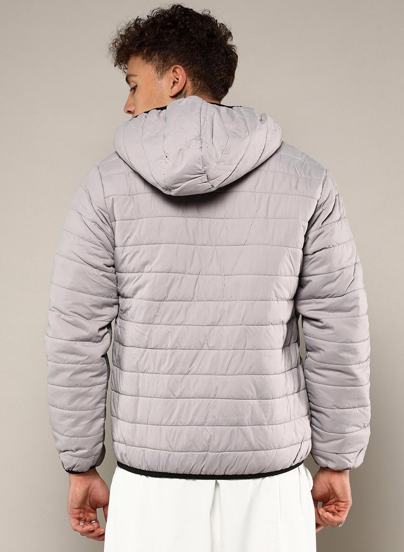 Campus Sutra Men's Light Grey Puffer Jacket With Contrast Zipper - Image 5