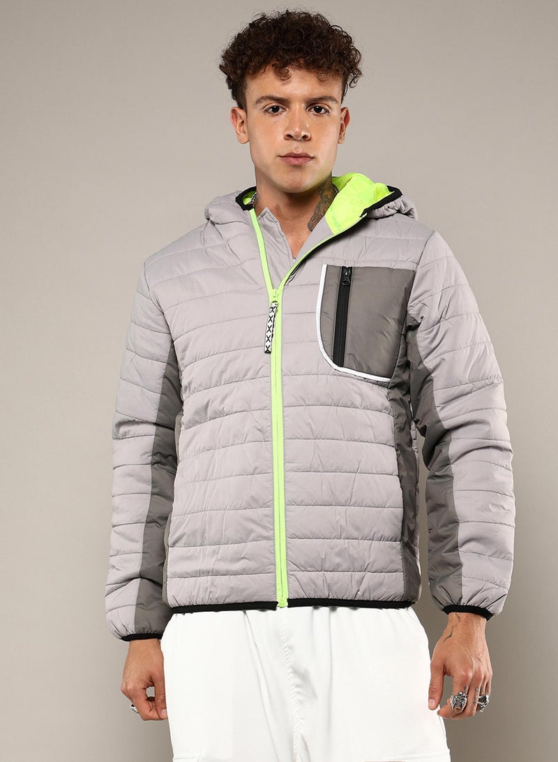 Campus Sutra Men's Light Grey Puffer Jacket With Contrast Zipper - Image 2