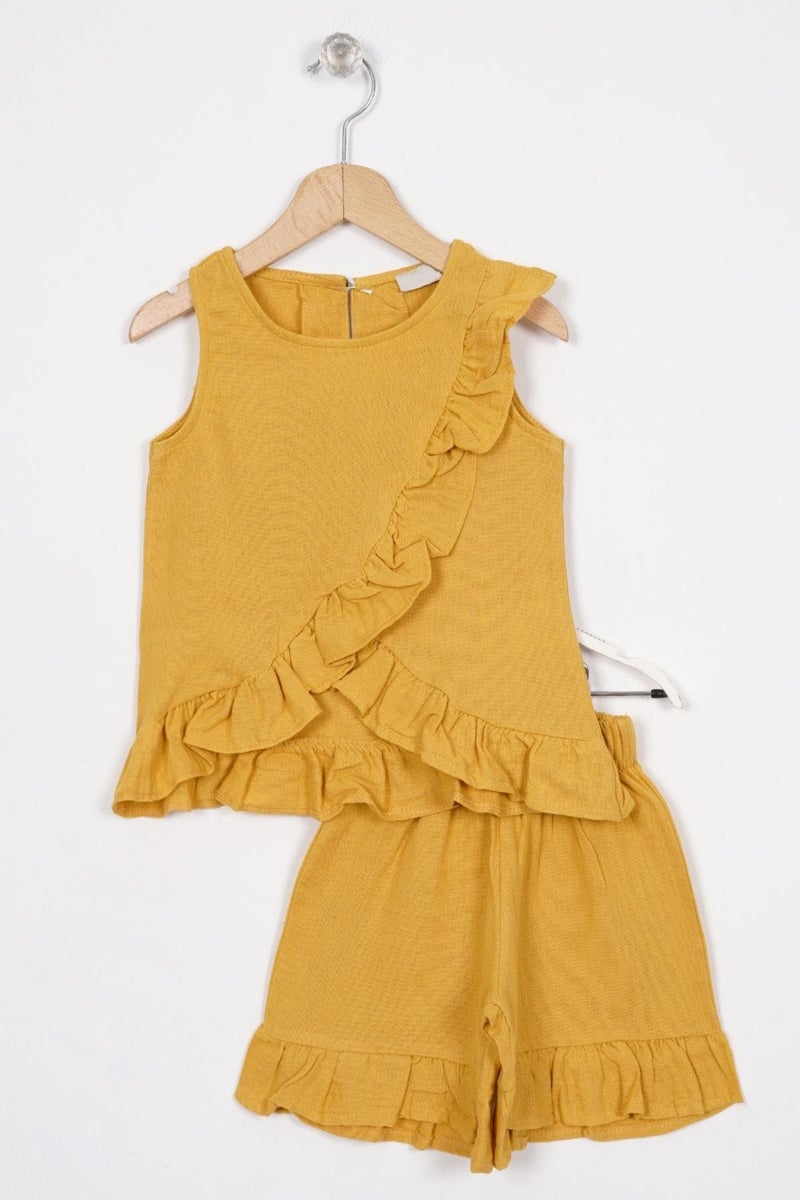 Zepkids Mustard Color Girl Shorts Set with Frills on Front and Hem  - Image 1