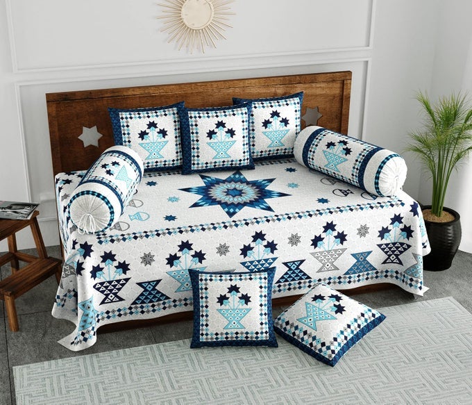 200TC DIWAN SET COTTON 8 PIECE DEEWAN PRINTED BEDSHEET SETS FOR LIVING ROOM HALL SET OF 8 PIECE 1BED SHEET 2BOLSTER COVER 5CUSHION COVER COLOR 1