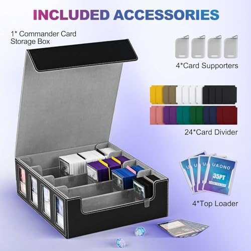 UAONO Trading Card Storage Box with Commander Display; 2400+ Deck Box for MTG with Removable Cover; Toploader Card Case fits Magic TCG PTCG Sports Cards; 24 Dividers, 4 Stoppers (Black, Grey) - Image 3