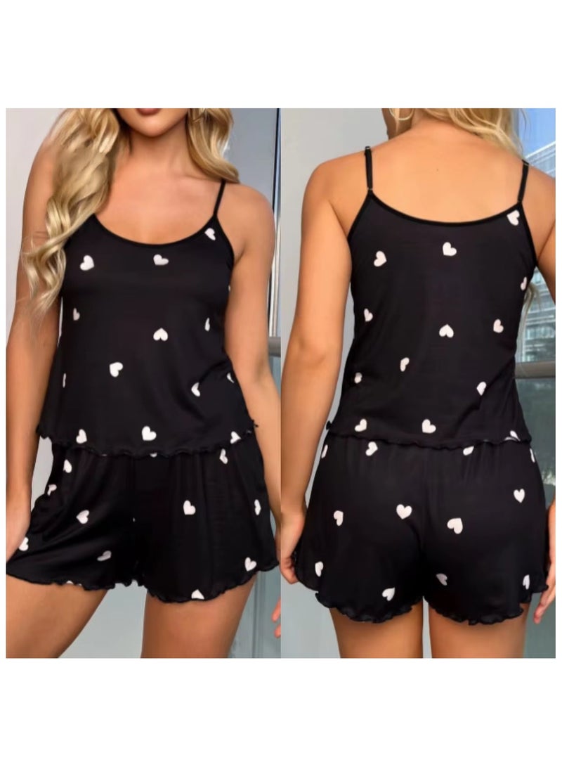 طقم بيجامة نسائي مكون من قطعتين بطبعة قلب وشورت، طقم بيجامة مريح مكون من قطعتين، ملابس نوم للسيدات - Image 1