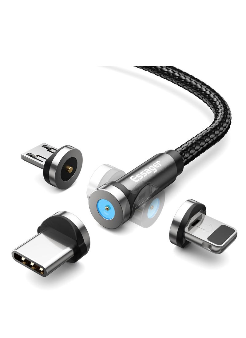 ESSAGER - Magnetic Charging Cable 4 Pack (6.6FT), Magnetic Chager 540° Rotation, LED Indicator, Universal Compatibility, USB C Type-C Micro iphone 3 in 1 Charger Cable (Black) - Image 1