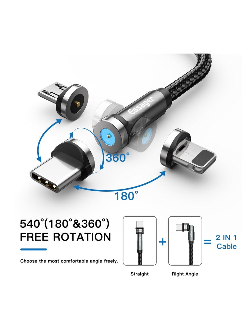 ESSAGER - Magnetic Charging Cable 4 Pack (6.6FT), Magnetic Chager 540° Rotation, LED Indicator, Universal Compatibility, USB C Type-C Micro iphone 3 in 1 Charger Cable (Black) - Image 1