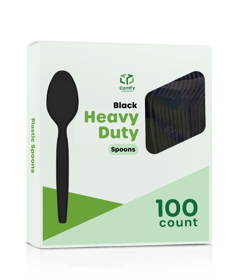Comfy Package [100 Pack] Basic Black Plastic Spoons  Heavy Duty Disposable Utensils - Perfect for Parties  Events  and Dinner - Image 1