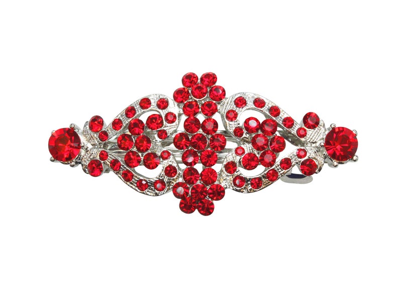 Faship Red Rhinestone Crystal Floral Double Hearts Hair Barrette Clip