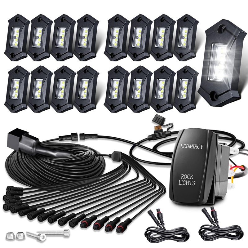 LEDMIRCY White Rock Lights R3 Pure White LED Rock Lights Kit 16PCS with Rocker Switch Wire Harness High Power Under Body Light for Offroad Trucks ATV UTV SUV Waterproof Shockproof Trail Rig Light - Image 2
