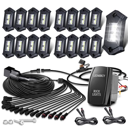 LEDMIRCY White Rock Lights R3 Pure White LED Rock Lights Kit 16PCS with Rocker Switch Wire Harness High Power Under Body Light for Offroad Trucks ATV UTV SUV Waterproof Shockproof Trail Rig Light - Image 1