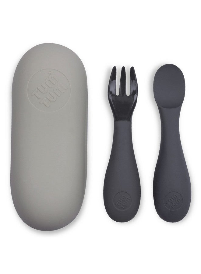 TUM TUM Baby Cutlery Set With Case, Spoon & Fork for Self Feeding, Silicone, 6 Months Plus (Grey) - Image 1