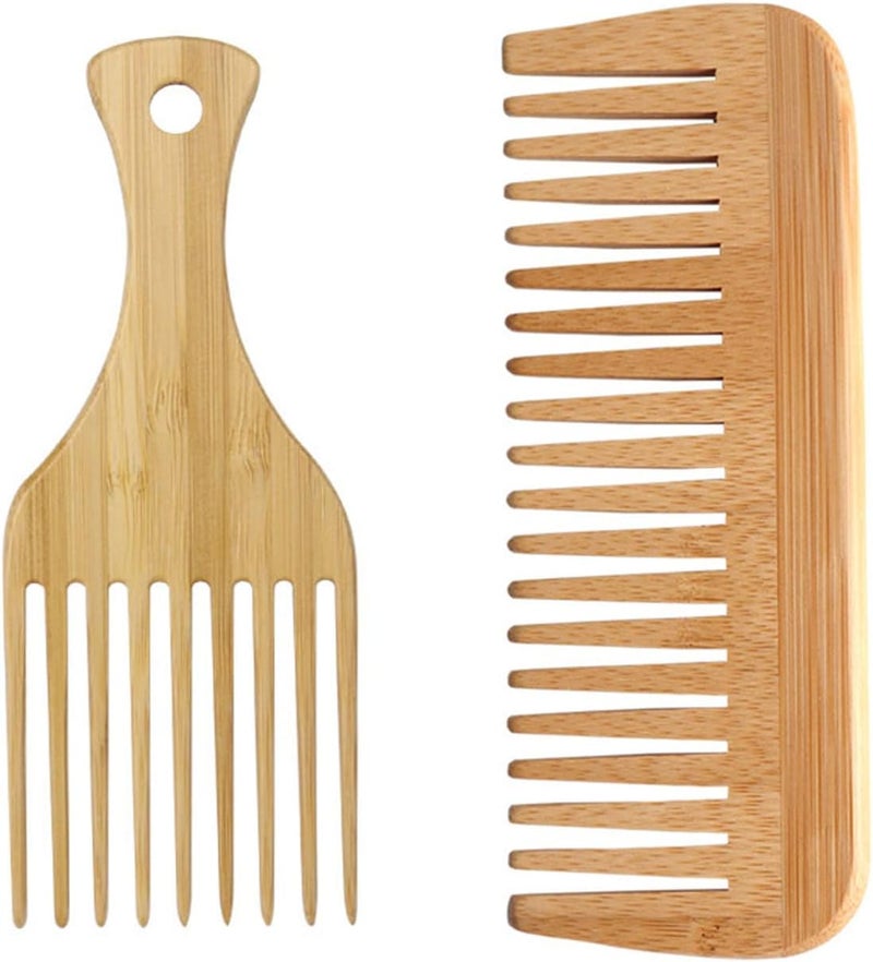 2Pcs Wide Tooth Wooden Comb Set Natural Sandalwood Afro Pick Comb for Gentle Detangling AntiStatic Scalp Massage EcoFriendly for Curly Wavy Thick or Straight Hair Women Girls