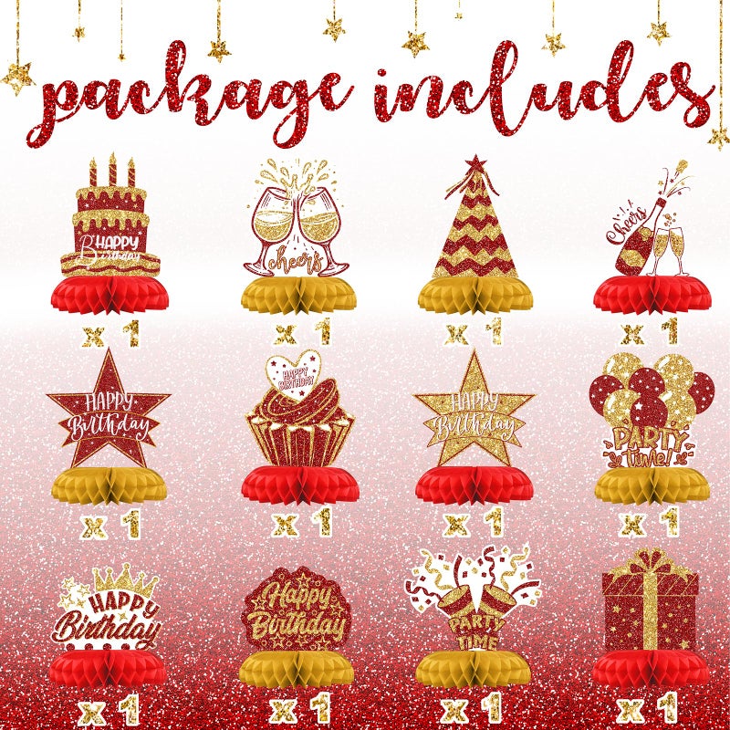 Celee Red and Gold Birthday Decorations â€“ 12PCS Honeycomb Table Centerpieces for Men Women Adults â€“ Happy Birthday Table Decor Party Supplies - Image 3