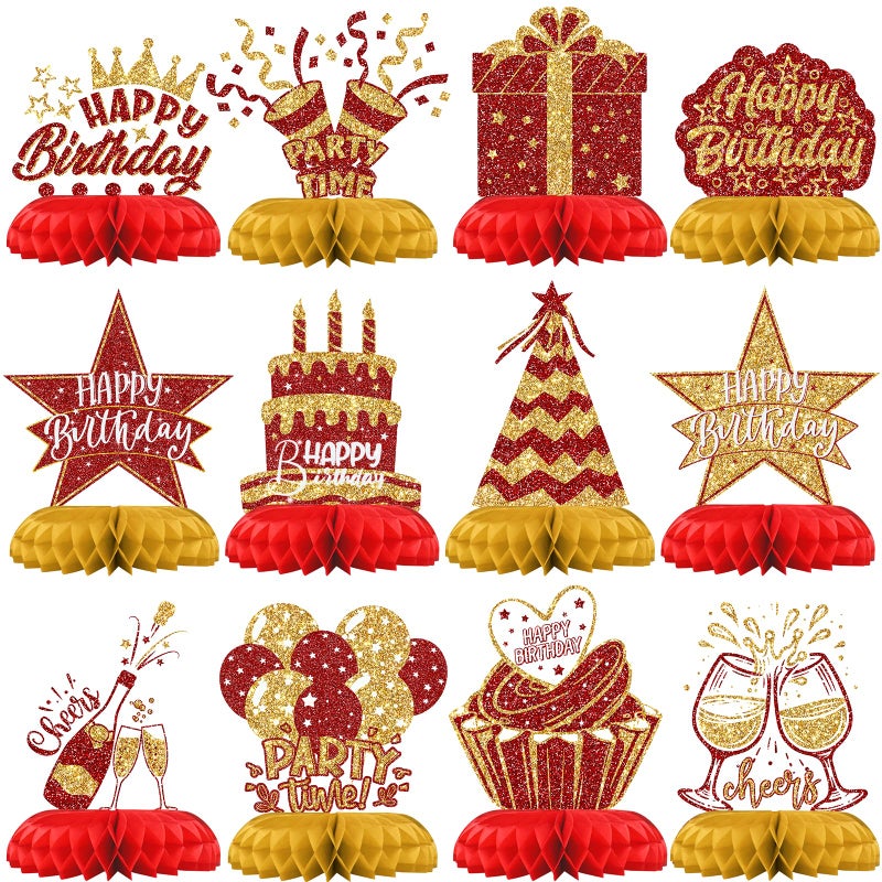 Celee Red and Gold Birthday Decorations â€“ 12PCS Honeycomb Table Centerpieces for Men Women Adults â€“ Happy Birthday Table Decor Party Supplies - Image 1