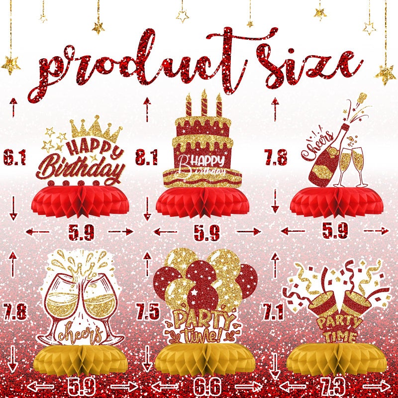 Celee Red and Gold Birthday Decorations â€“ 12PCS Honeycomb Table Centerpieces for Men Women Adults â€“ Happy Birthday Table Decor Party Supplies - Image 2