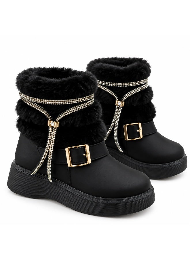 Girls' Winter Ankle Boots with Soft Faux Fur Lining, Rhinestone & Buckle Detail