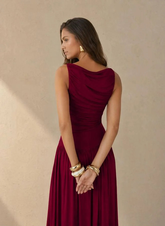 Styli burgundy Red Ruched A-Line Maxi Dresss for Women | Best Price UAE