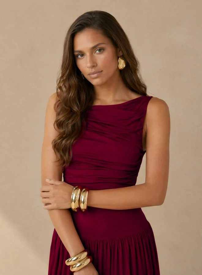 Styli burgundy Red Ruched A-Line Maxi Dresss for Women | Best Price UAE