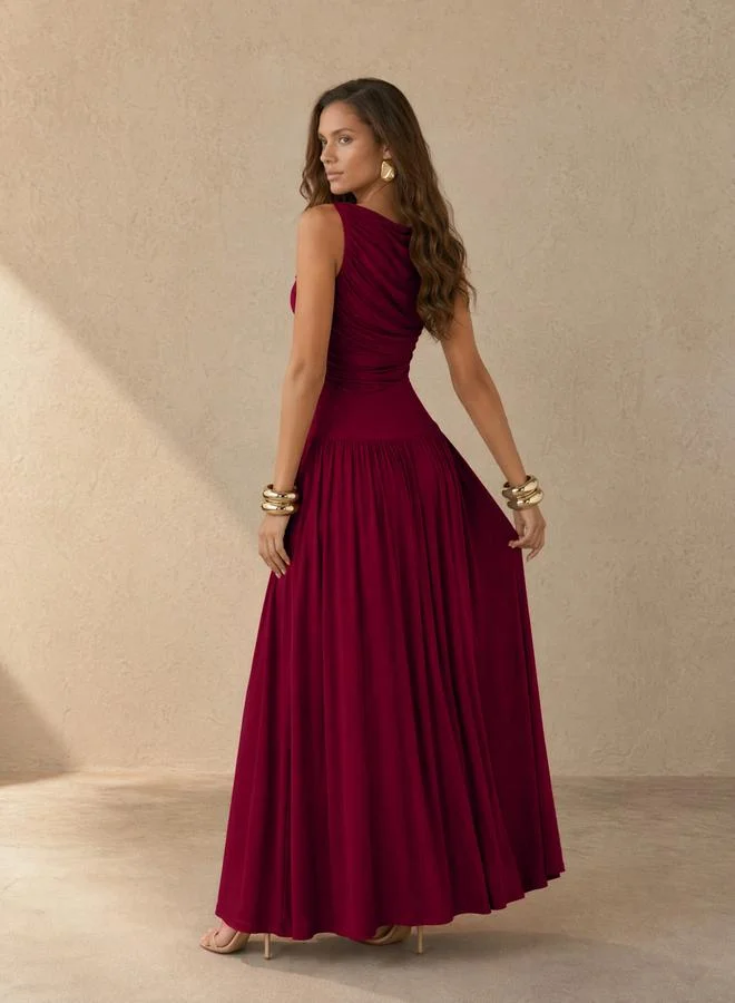 Styli burgundy Red Ruched A-Line Maxi Dresss for Women | Best Price UAE