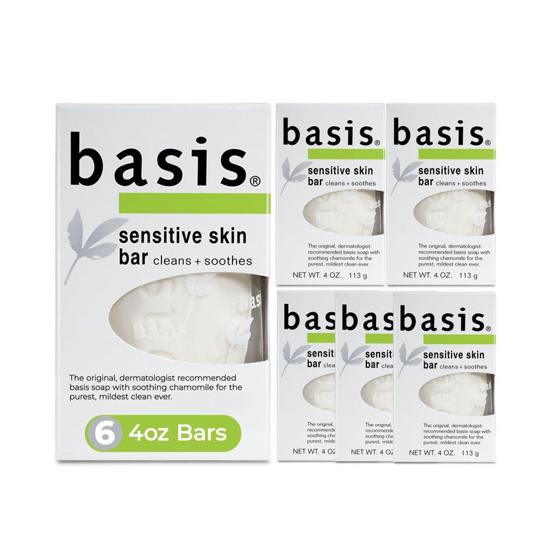 Basis Sensitive Skin Bar Soap for Body, Hands and Face, Unscented Soap Bar for Sensitive Skin with Chamomile and Aloe Vera, 4 Oz, Pack of 6 - Image 1