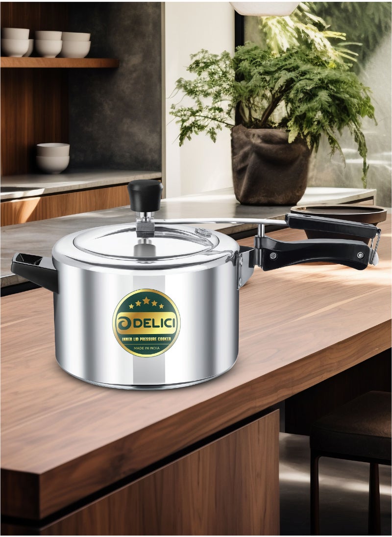 DELICI 5Liters Pressure Cooker Inner lid Aluminium AIPC5 | 5L Capacity | Quick Heating Induction Base | Durable Safety Valve | Food Grade Rubber Basket | Specially Designed Handle | Versatile pressure cooker Silver  - Image 2