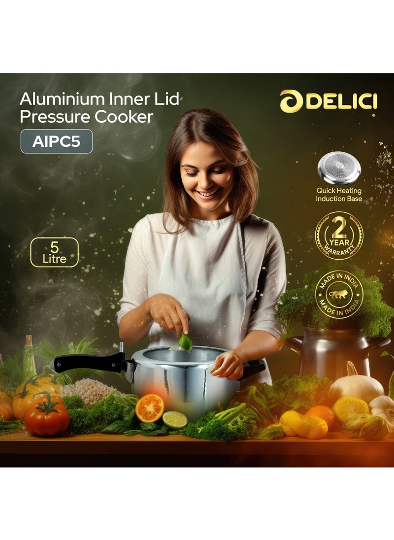 DELICI 5Liters Pressure Cooker Inner lid Aluminium AIPC5 | 5L Capacity | Quick Heating Induction Base | Durable Safety Valve | Food Grade Rubber Basket | Specially Designed Handle | Versatile pressure cooker Silver  - Image 3