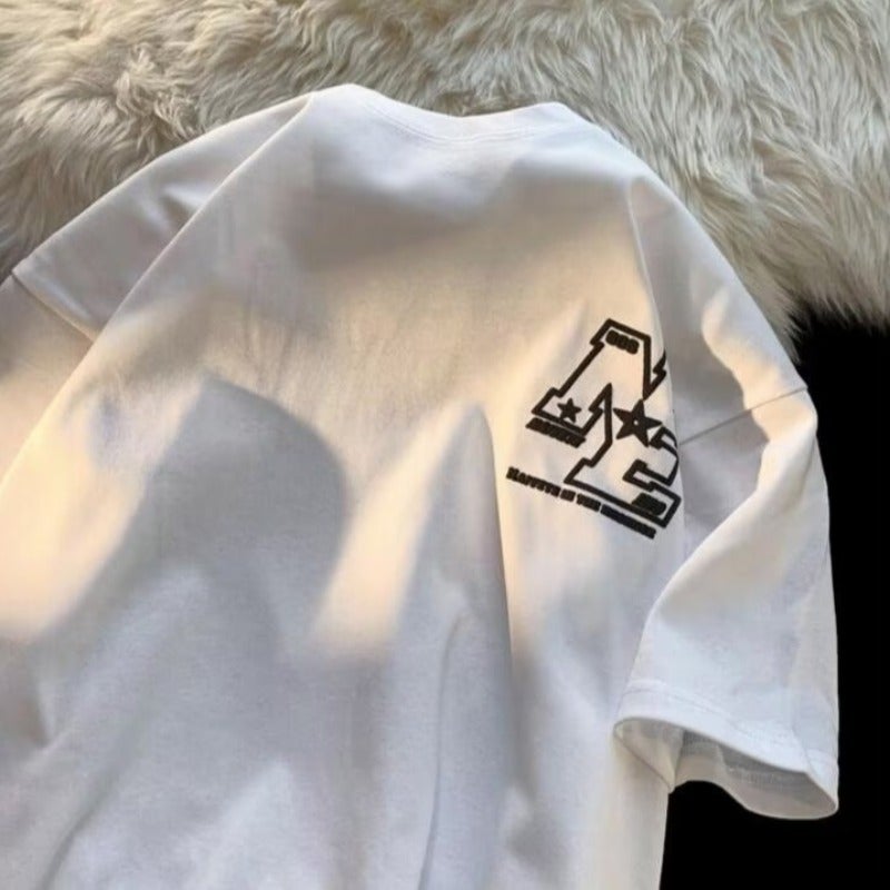 Short sleeve printed T-shirt summer American combed cotton loose couple top sports casual half sleeve half sleeve half sleeve fat man - Image 1