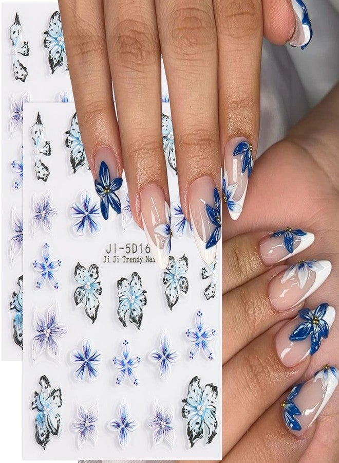BYJKYEN Flower Nail Stickers for Nails Art Self-Adhesive Blue Flowers Nail Decals Spring Summer Flower Nails Designs Decoration Supplies Kit Sticker for Women and Girls DIY Charms - Image 1