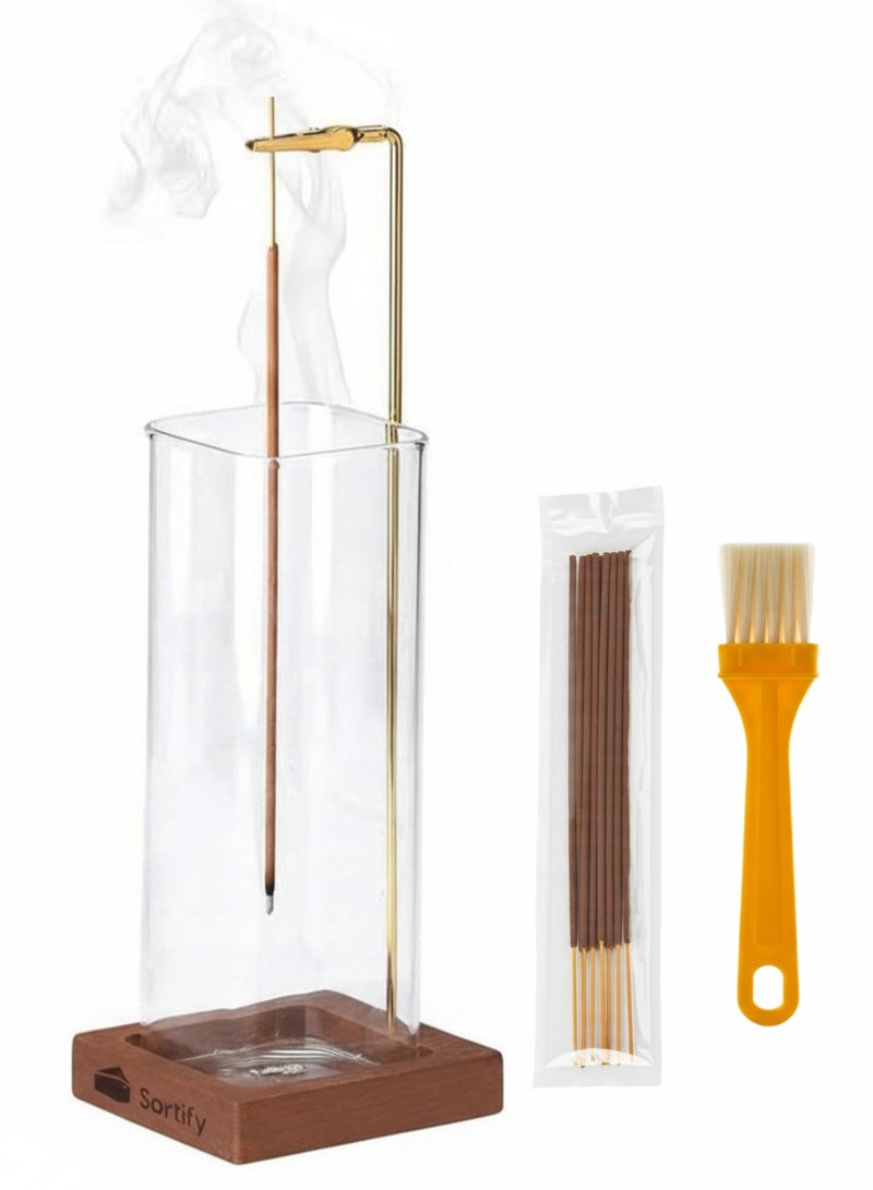 سورتيفي مبخرة عصي بخور بتصميم معاصر من مع صينية زجاجية لجمع الرماد – مبخرة أنيقة بدون فوضى لتزيين الغرف، تشمل عصي بخور وفرشاة، مثالية للتأمل، اليوغا، السبا والاسترخاء - Image 1