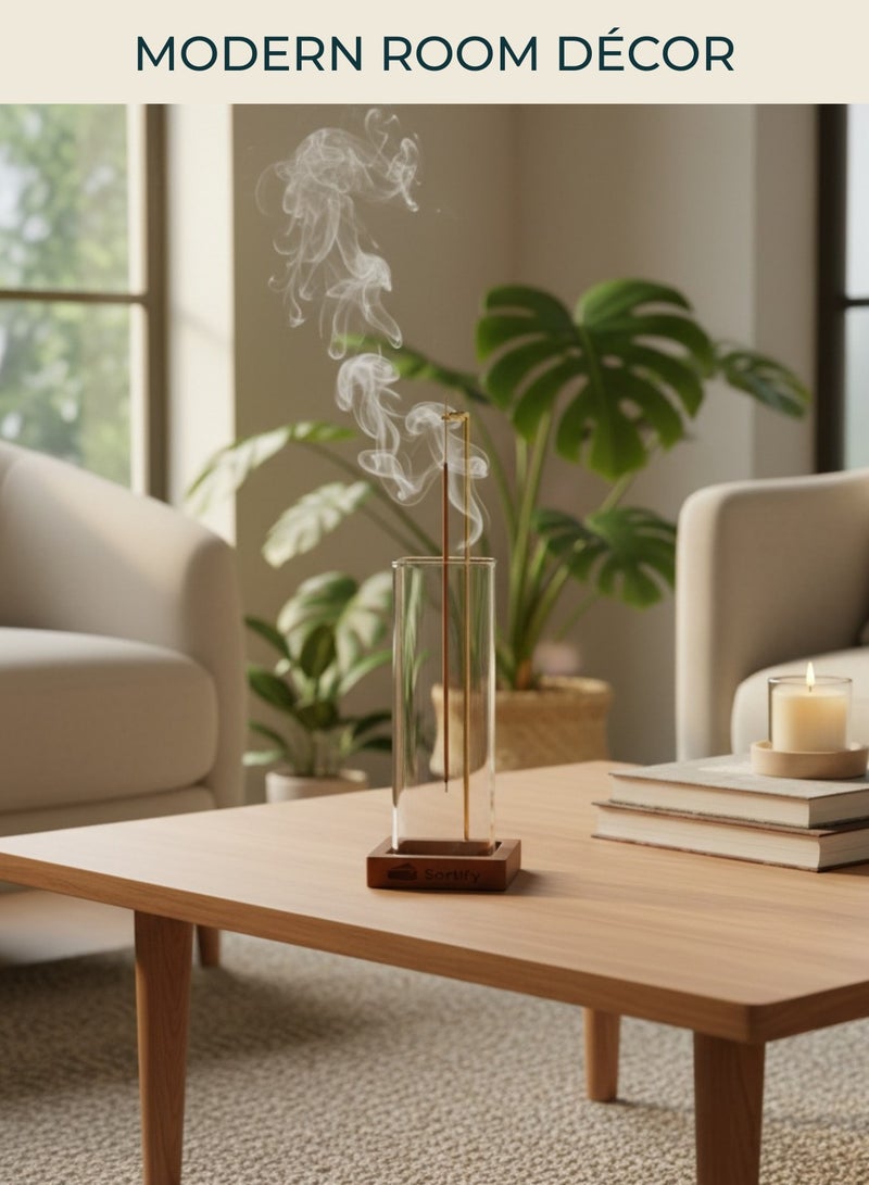 سورتيفي مبخرة عصي بخور بتصميم معاصر من مع صينية زجاجية لجمع الرماد – مبخرة أنيقة بدون فوضى لتزيين الغرف، تشمل عصي بخور وفرشاة، مثالية للتأمل، اليوغا، السبا والاسترخاء - Image 2