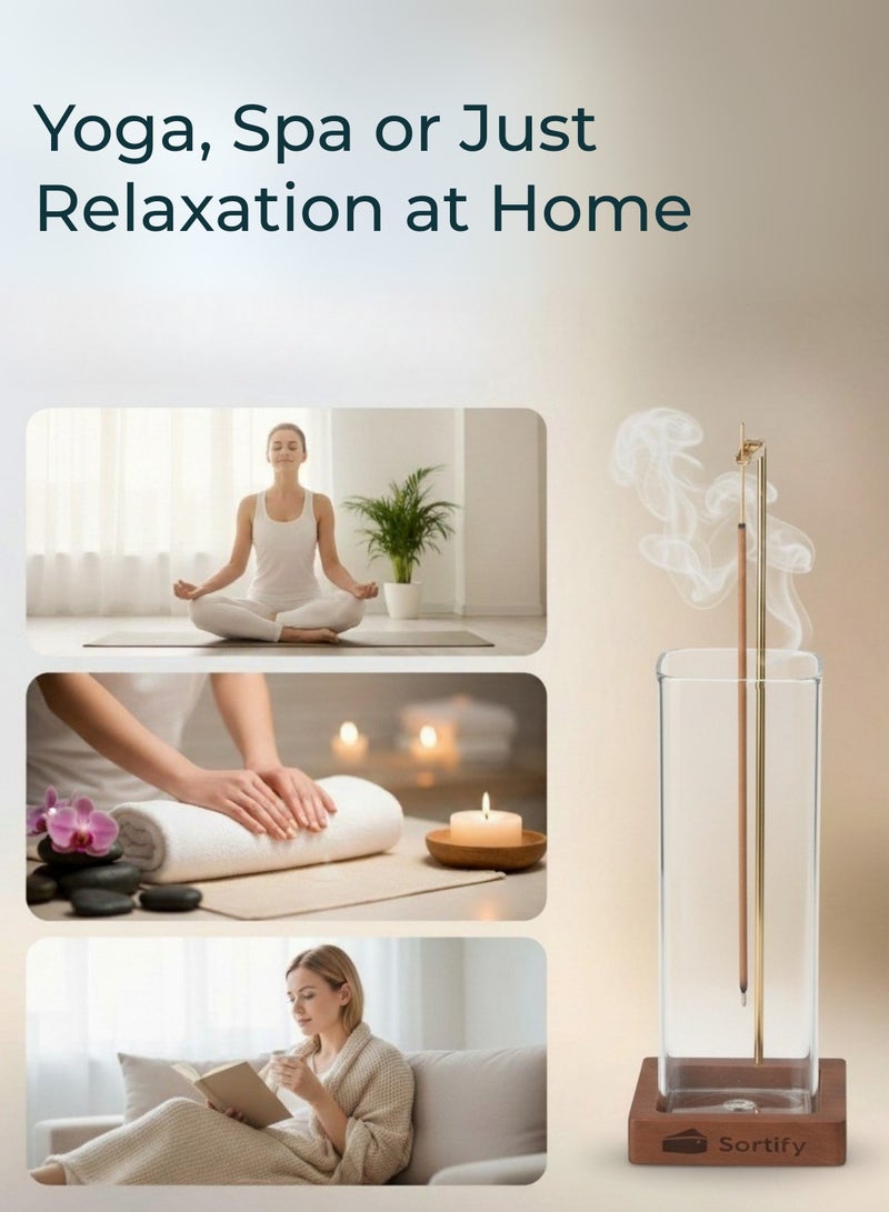 سورتيفي مبخرة عصي بخور بتصميم معاصر من مع صينية زجاجية لجمع الرماد – مبخرة أنيقة بدون فوضى لتزيين الغرف، تشمل عصي بخور وفرشاة، مثالية للتأمل، اليوغا، السبا والاسترخاء - Image 4