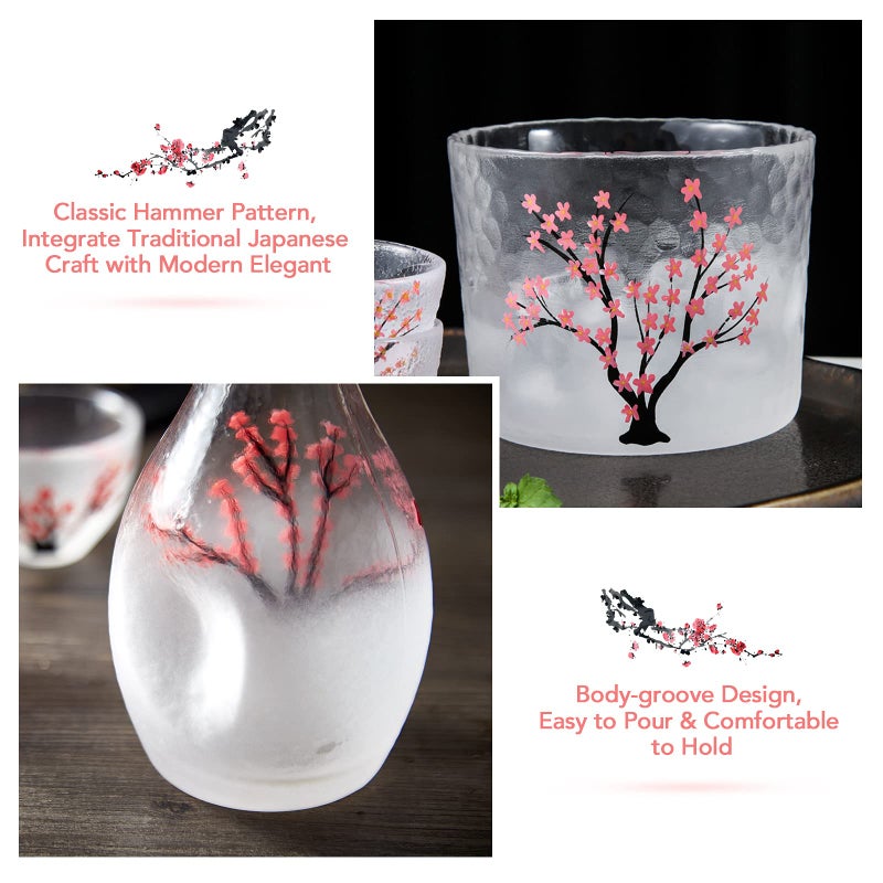 DUJUST Japanese Sake Set for 4, Handcraft Pink Cherry Blossoms Design, 1 Sake Bottle, 1 Sake Tank and 4 Sake Cups, Cold/Warm/Hot Sake Carafe, Special Japanese Gifts Set - 6 pcs - Image 3