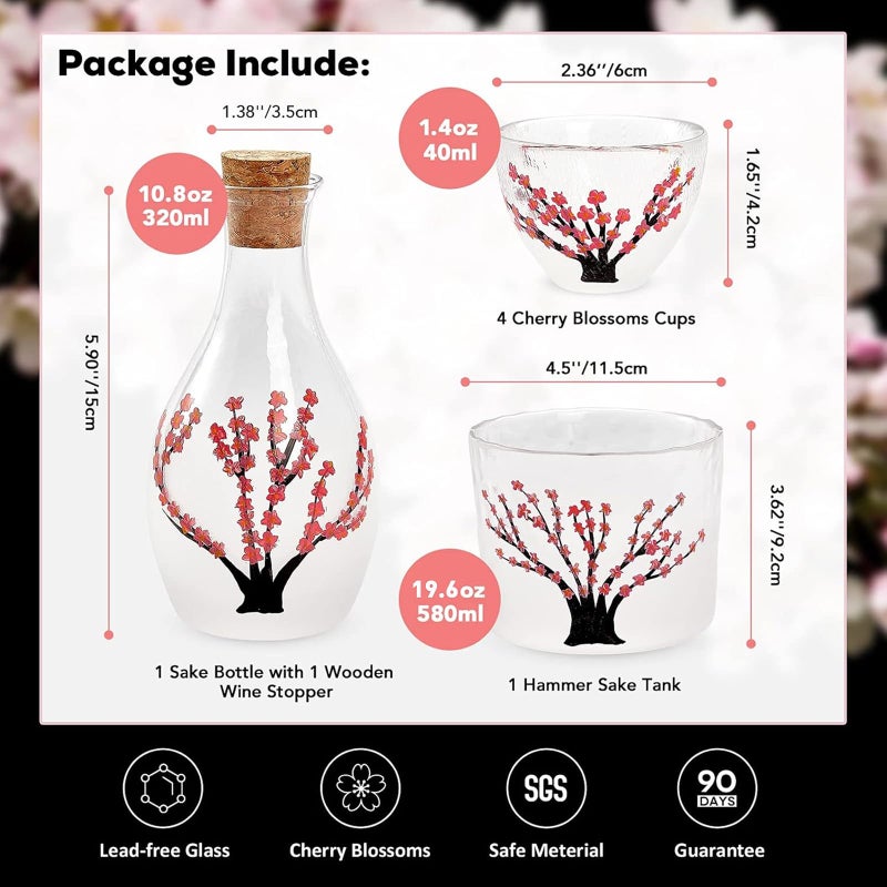 DUJUST Japanese Sake Set for 4, Handcraft Pink Cherry Blossoms Design, 1 Sake Bottle, 1 Sake Tank and 4 Sake Cups, Cold/Warm/Hot Sake Carafe, Special Japanese Gifts Set - 6 pcs - Image 5