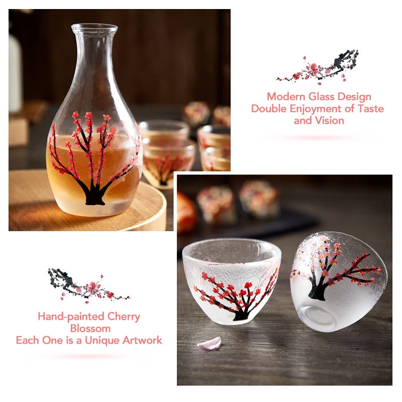 DUJUST Japanese Sake Set for 4, Handcraft Pink Cherry Blossoms Design, 1 Sake Bottle, 1 Sake Tank and 4 Sake Cups, Cold/Warm/Hot Sake Carafe, Special Japanese Gifts Set - 6 pcs - Image 2
