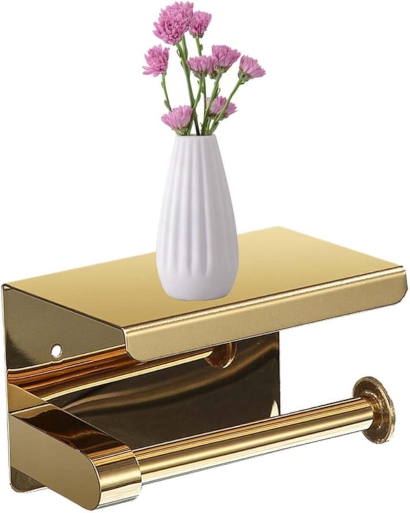 Gold Toilet Paper Holder with Shelf Wall Mount Toilet Roll Holder with Storage Bathroom Accessories Tp Holder with Phone Shelf Stainless Steel Material