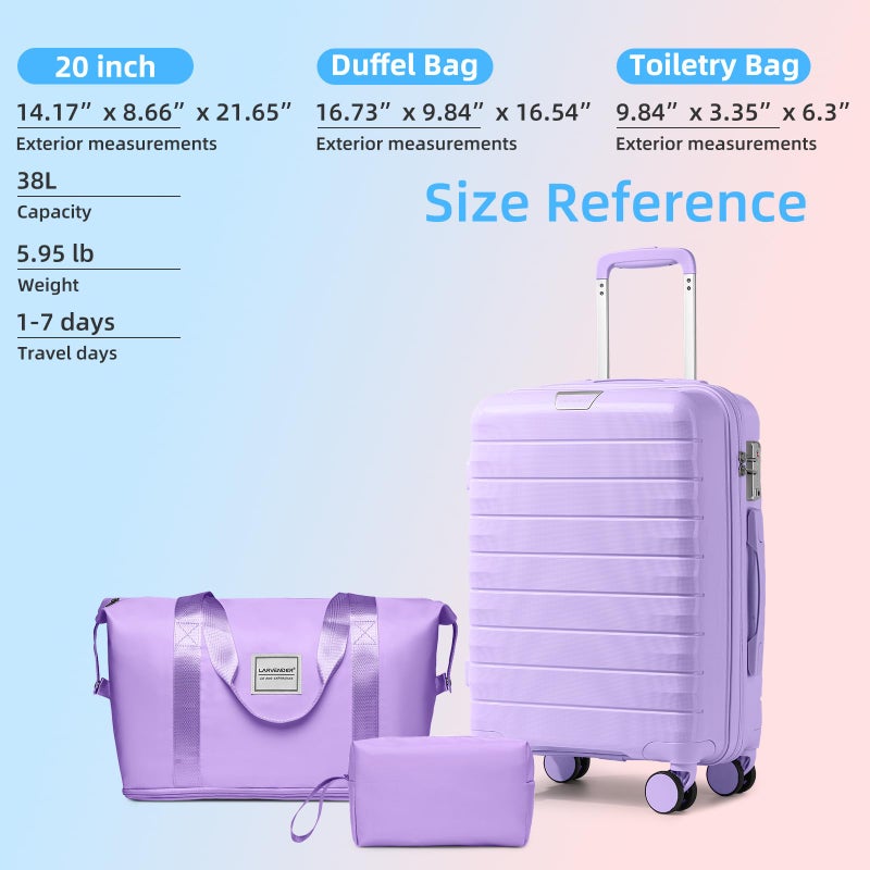 LARVENDER Luggage Sets 3 Piece with Duffel Bag Hardside PP Carry On Suitcase with 360Â° Spinner Wheels TSA Lock Luggage Sets for Women, Lavender - Image 5