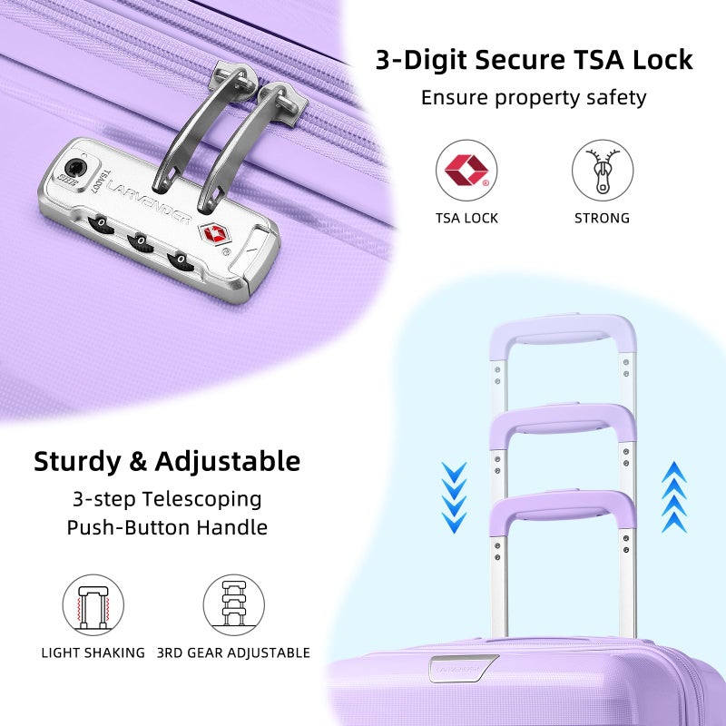 LARVENDER Luggage Sets 3 Piece with Duffel Bag Hardside PP Carry On Suitcase with 360Â° Spinner Wheels TSA Lock Luggage Sets for Women, Lavender - Image 4