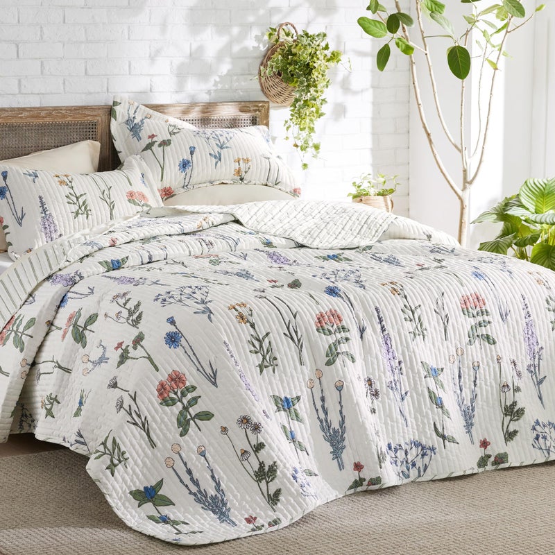 Bedsure Floral White Quilt Queen  Reversible Queen Size Floral Quilt Bedding Lightweight Bedspread Soft Botanical Coverlet for All Seasons 90x96