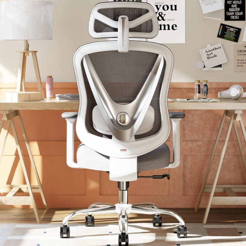HOLLUDLE Ergonomic Mesh Office Chair - 3D Adjustable Lumbar Support & 3D Armrests, V-Shaped Back, Adjustable Desk Chair for Office & Home, White - Image 1