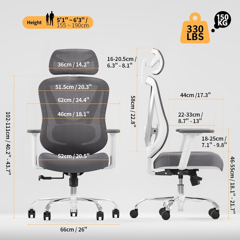 HOLLUDLE Ergonomic Mesh Office Chair - 3D Adjustable Lumbar Support & 3D Armrests, V-Shaped Back, Adjustable Desk Chair for Office & Home, White - Image 2