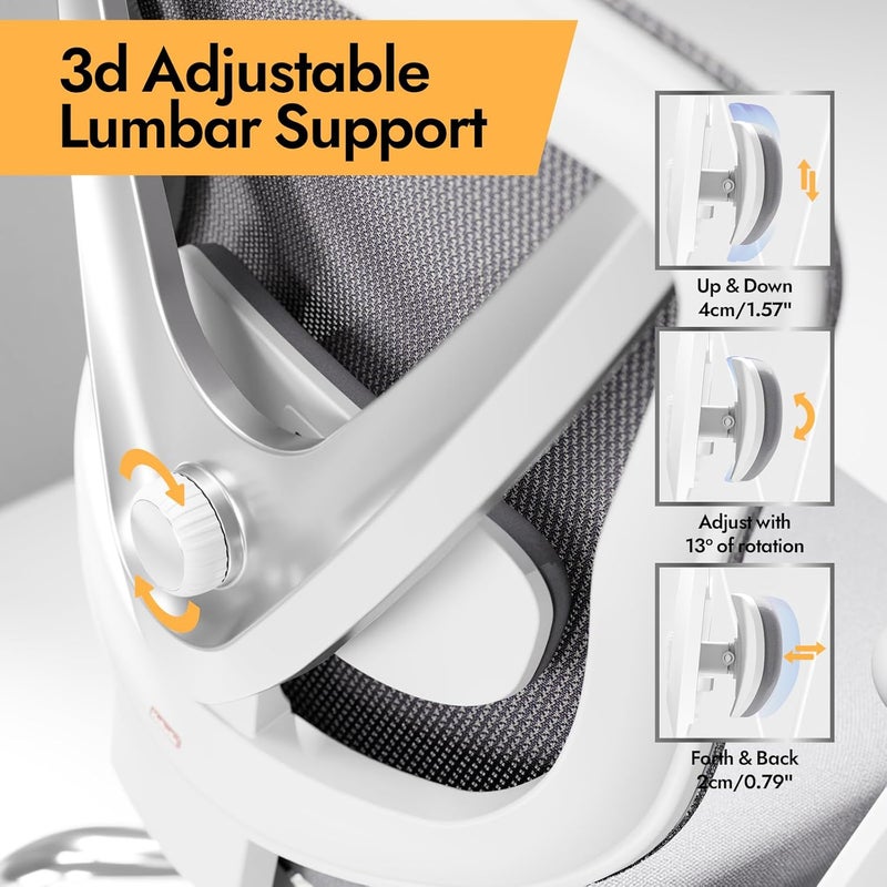 HOLLUDLE Ergonomic Mesh Office Chair - 3D Adjustable Lumbar Support & 3D Armrests, V-Shaped Back, Adjustable Desk Chair for Office & Home, White - Image 3