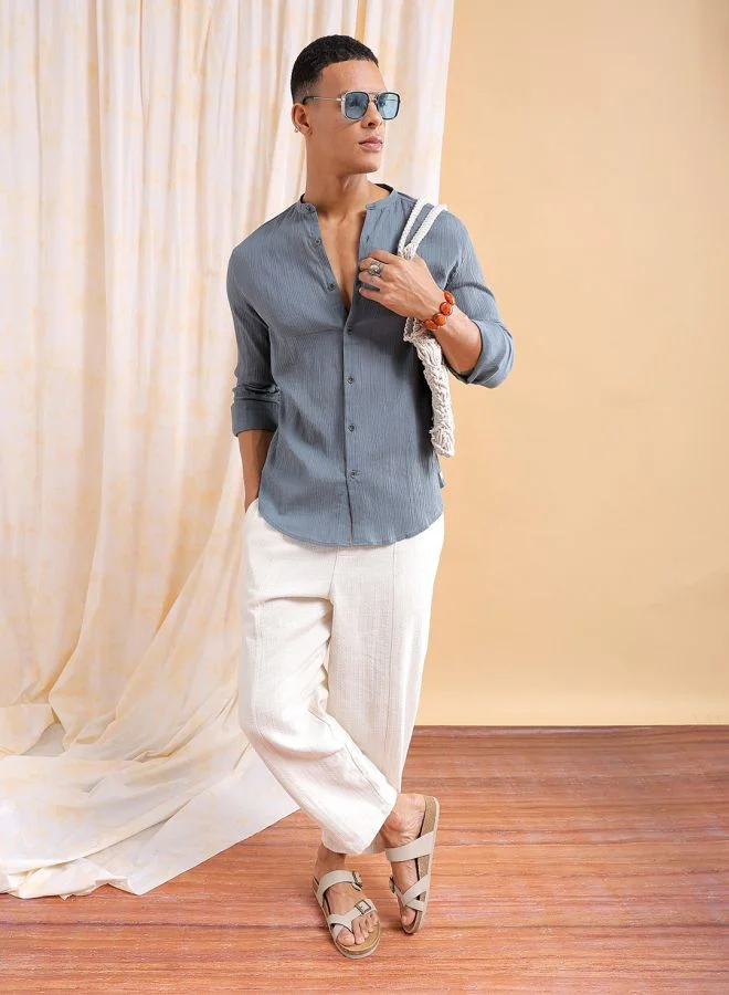 The Indian Garage Co Men Slim Fit Solid Full Sleeves Mandarin Collar Resort Wear Shirt