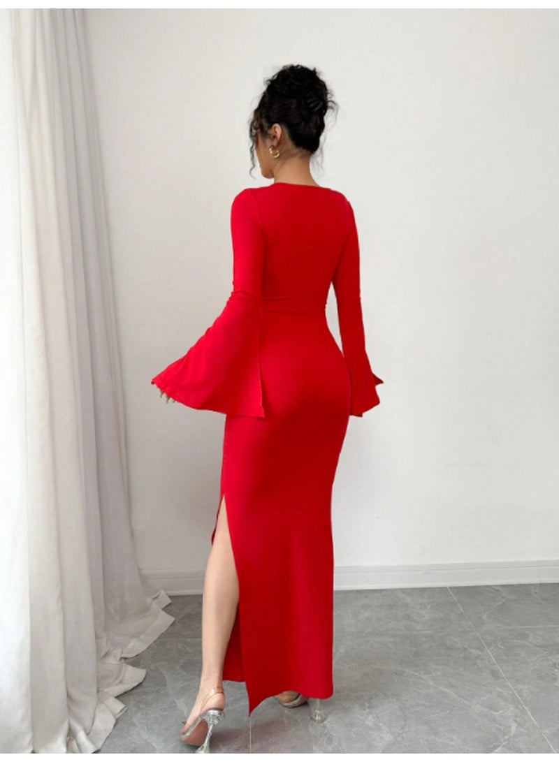 MANIKAN women's Dress, Elegant Evening Dress, Pearl-Trimmed V-Neck, Bell Sleeves, Side Slit Maxi Length - Image 2